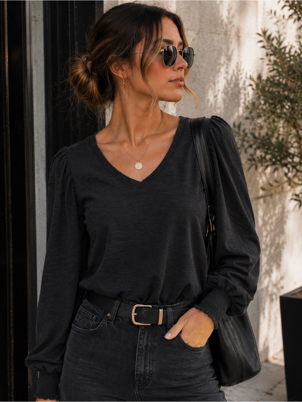Nation LTD Black V-Neck Puff Sleeve Long Sleeve Top